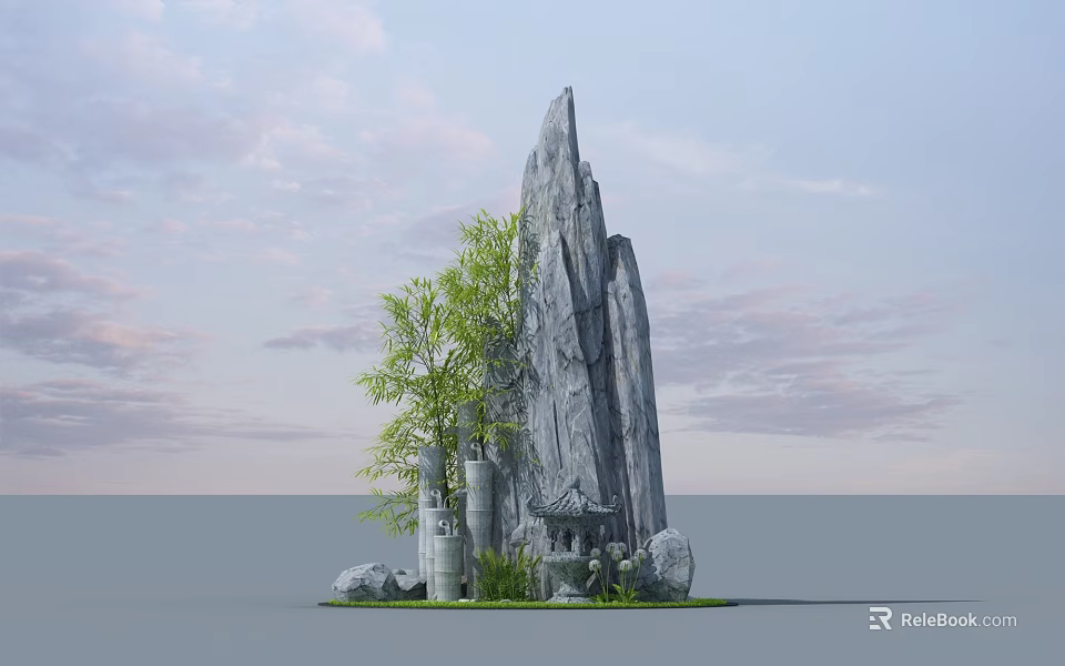 Garden Ornament Featuring Tall Rock Structure Green Tree Stone Pillars And Surrounding Plants 3d model 