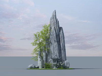 Garden Ornament Featuring Tall Rock Structure Green Tree Stone Pillars And Surrounding Plants 3d model