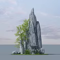 Garden Ornament Featuring Tall Rock Structure Green Tree Stone Pillars And Surrounding Plants