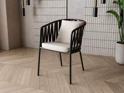Modern Minimalist Dining Chair With Black Metal Frame Woven Backrest And Beige Cushion 3d model