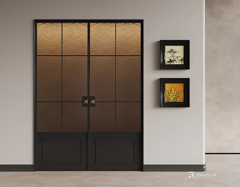 Modern Black Frame Glass Double Doors With Grid Design And Framed Art On Wall 3d model 