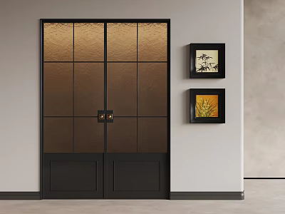 Modern Black Frame Glass Double Doors With Grid Design And Framed Art On Wall 3d model