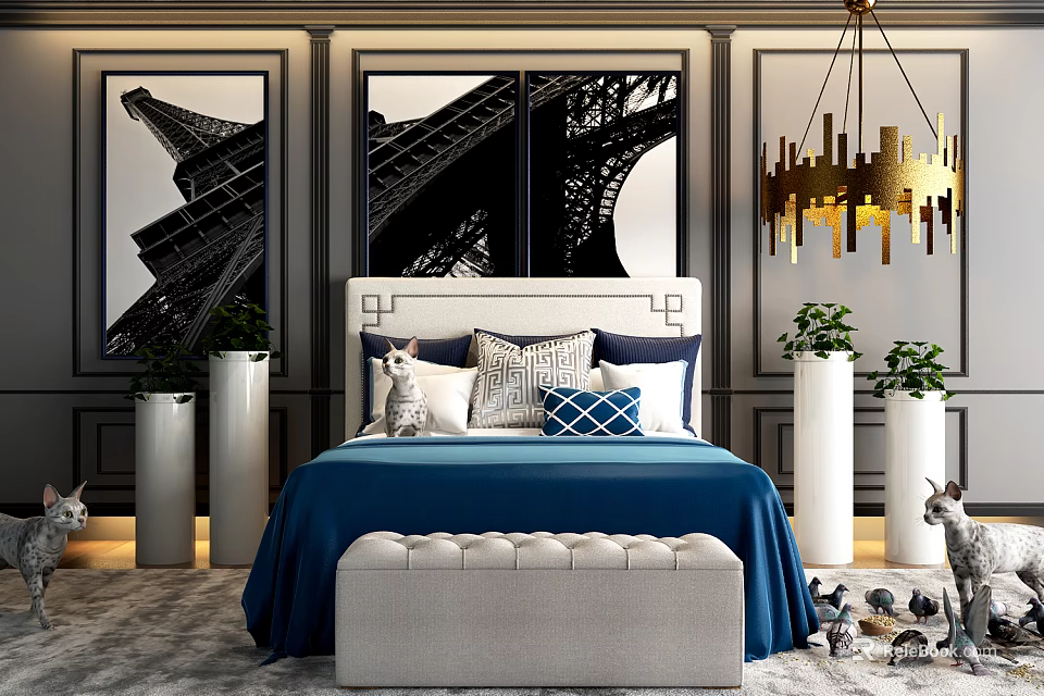 Background Double Bed With Blue Bedspread Eiffel Tower Paintings Gold Chandelier And Plants 3d model 