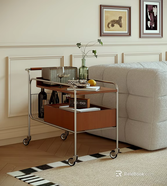 Modern Rolling Side Table Metal Frame Wooden Top Vase Wine Glasses Fruit in Living Room 3d model 