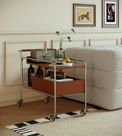 Modern Rolling Side Table Metal Frame Wooden Top Vase Wine Glasses Fruit in Living Room 3d model
