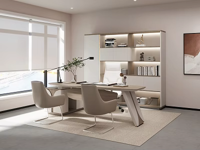 Modern Office Interior With Desk Chairs Bookshelf And Natural Light From Window 3d model