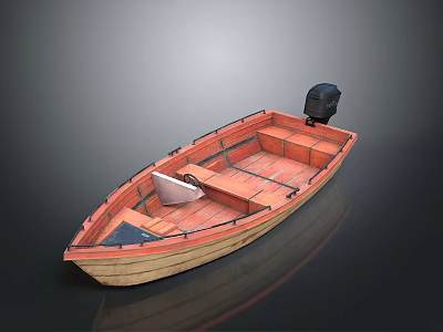 Traditional Wooden Boat With Black Outboard Motor And Interior Seats 3d model
