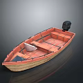 Traditional Wooden Boat With Black Outboard Motor And Interior Seats