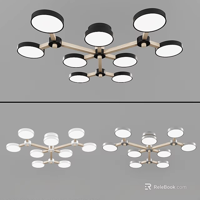 Modern Ceiling Light Fixture With Multiple Round Lamps And Wooden Frame Design 3d model 