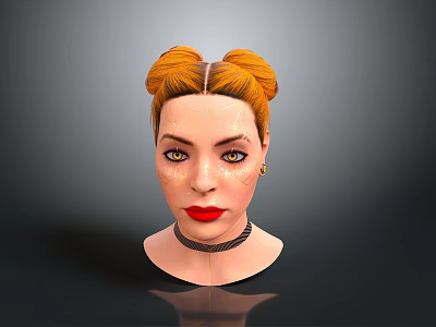 Woman with orange double buns yellow glittery eyes red lips black choker on gray background 3d model