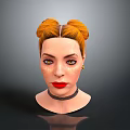 Woman with orange double buns yellow glittery eyes red lips black choker on gray background