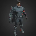 Man In Futuristic Armored Combat Suit With Red Accents And Tech Details