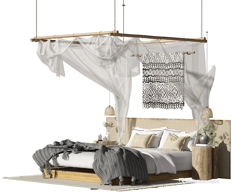 Natural Style Double Bed With Wooden Frame White Canopy Gray Throw And Decorative Pillows 3d model 