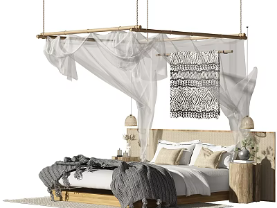 Natural Style Double Bed With Wooden Frame White Canopy Gray Throw And Decorative Pillows 3d model
