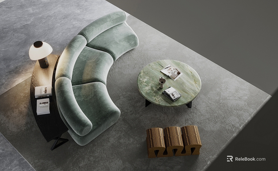Modern Curved Light Green Velvet Sofa With Round Coffee Table And Decorative Items 3d model 