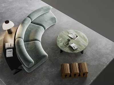 Modern Curved Light Green Velvet Sofa With Round Coffee Table And Decorative Items 3d model