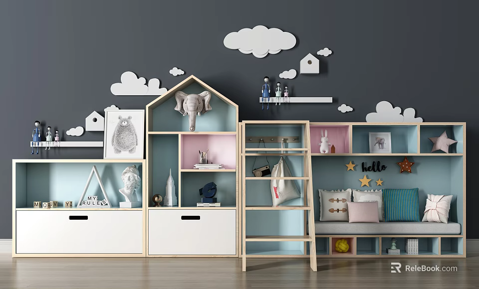 Kids Room Decorative Shelving Unit With Cloud House Shaped Decorative Items And Pastel Storage 3d model 