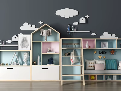Kids Room Decorative Shelving Unit With Cloud House Shaped Decorative Items And Pastel Storage 3d model