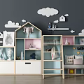 Kids Room Decorative Shelving Unit With Cloud House Shaped Decorative Items And Pastel Storage