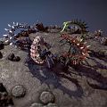 Giant Scorpion Like Creatures Confronting On Rocky Terrain With Colorful Spiked Bodies And Glowing Parts 3d model