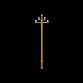 Outdoor Street Light with Multiple White Bulbs on Golden Pole and Blue Sign Decorations