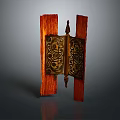 Decorative Wall Hanging With Red Wooden Planks And Intricate Metal Patterns