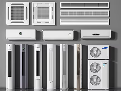 Different Types of Air Conditioner Fans Including Wall Mounted Ceiling and Floor Standing Models 3d model