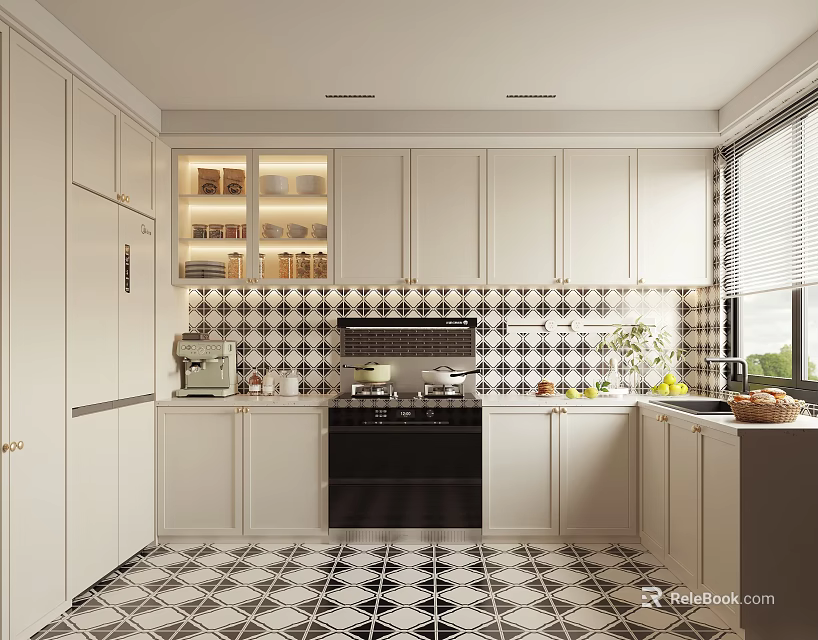 Modern Kitchen Interior With White Cabinets Black And White Checkered Tiles And Countertop Appliances 3d model 
