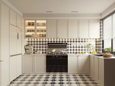 Modern Kitchen Interior With White Cabinets Black And White Checkered Tiles And Countertop Appliances 3d model