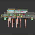 3D Rendered Industrial Equipment With Transparent Structure Orange Support Pillars And Green Containers