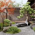 Traditional Courtyard Garden Design with Pine Tree Stone Lantern Green Plants Wooden Structure and Gravel