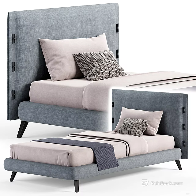 Modern Single Bed With Upholstered Headboard And Pillows 3d model