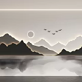 Modern Background Wall With Mountain Pattern Moon And Flying Birds LED Strip Lights 3d model