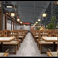 Traditional Roof Open Layout Restaurant With Dining Tables Green Plants And Modern Glass Walls