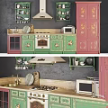 Colorful Decorative Kitchen Interior With Green Pink Cabinets And Appliances Shelves Dishes