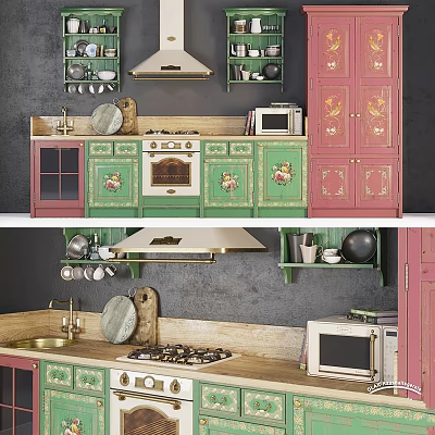 Colorful Decorative Kitchen Interior With Green Pink Cabinets And Appliances Shelves Dishes 3d model