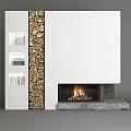 Modern Fireplace With Burning Fire Adjacent Wood Stack White Wall Concrete Base And Bookshelf 3d model