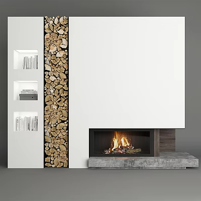 Modern Fireplace With Burning Fire Adjacent Wood Stack White Wall Concrete Base And Bookshelf 3d model