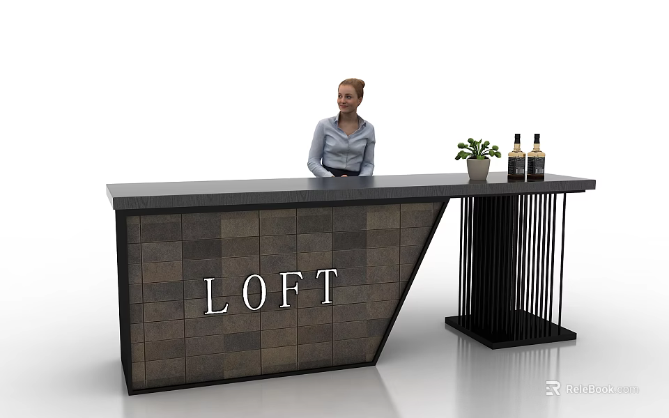 Loft Style Reception Desk With Stone Tile Front Side Table Potted Plant And Wine Bottles 3d model 