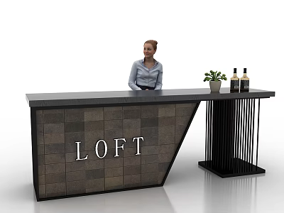 Loft Style Reception Desk With Stone Tile Front Side Table Potted Plant And Wine Bottles 3d model