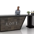 Loft Style Reception Desk With Stone Tile Front Side Table Potted Plant And Wine Bottles