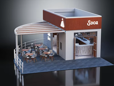Sooca Restaurant Stylish Outdoor Seating With Wooden Canopy And Modern Bar Counter 3d model