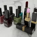 Elegant CHANEL Cosmetics Display With Colorful Nail Polish And Pink Lipstick On Marble Countertop