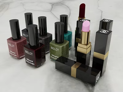 Elegant CHANEL Cosmetics Display With Colorful Nail Polish And Pink Lipstick On Marble Countertop 3d model