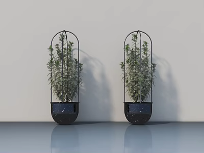 Two Black Metal Frame Potted Plants With Green Foliage On Smooth Gray Floor Light Wall 3d model