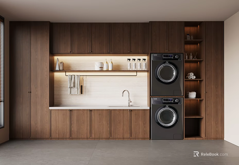 Modern Laundry Room Interior Design With Dark Wooden Cabinets Sink And Black Washing Machines 3d model 