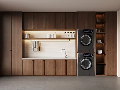 Modern Laundry Room Interior Design With Dark Wooden Cabinets Sink And Black Washing Machines 3d model