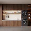 Modern Laundry Room Interior Design With Dark Wooden Cabinets Sink And Black Washing Machines