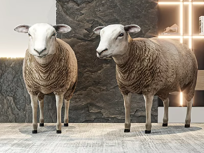 Two Sheep Standing By Stone Wall With Lighted Decor And Textured Floor 3d model
