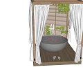 Elegant White Bathtub in Wooden Frame with White Curtains Green Plants and Wooden Floor